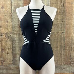 Jets Jessika‎ Allen Black White Stripe One Piece Swimsuit Womens 10 Strappy Back